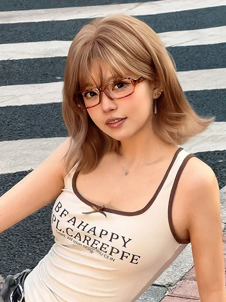 Short Air Length Blonde Wavy Wig With 32CM Bangs