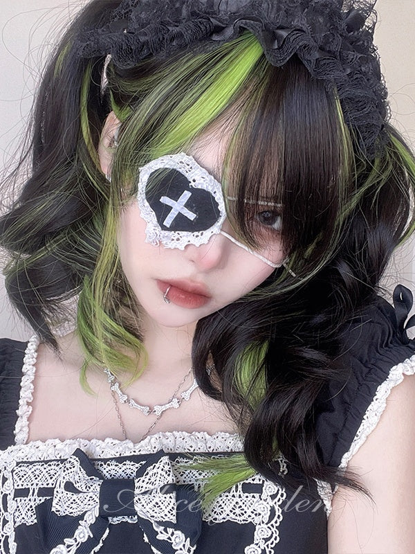 Black And Green Highlights 60CM Long Wavy Wig With Bangs
