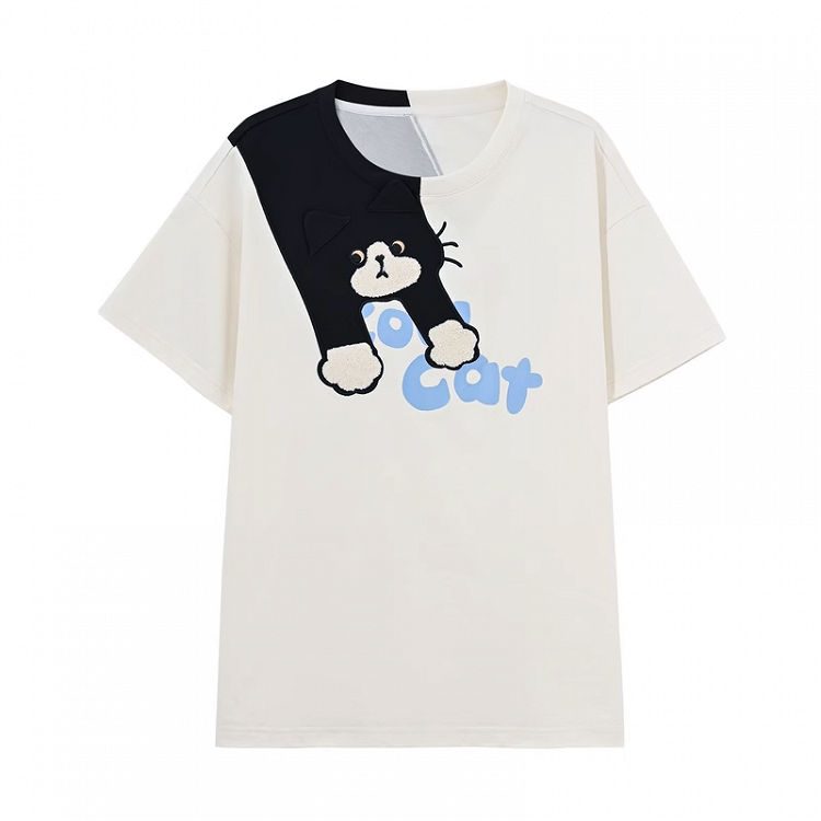 White Round Neck Cute Cat Print T-Shirt Loose