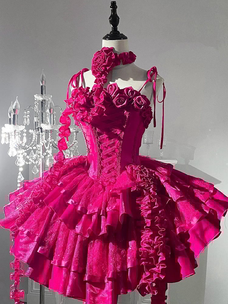 Barbie Boning Tiered Ruffle Roses Sequins Hot Pink Dress Goth Neckline Lolita