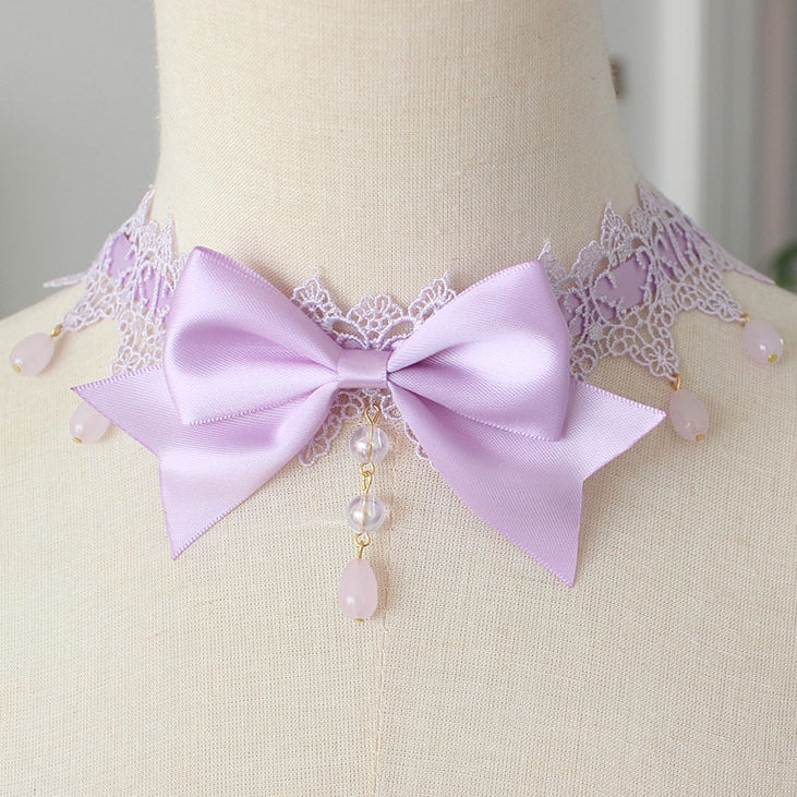 Beaded Pendant Bowknot Details Lace Choker