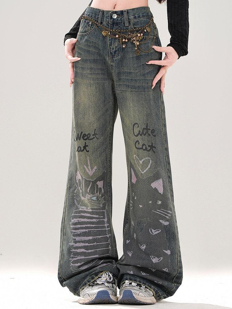 Denim Cute Print Wide-leg Blue Kitties Wash Cut Faded Jeans