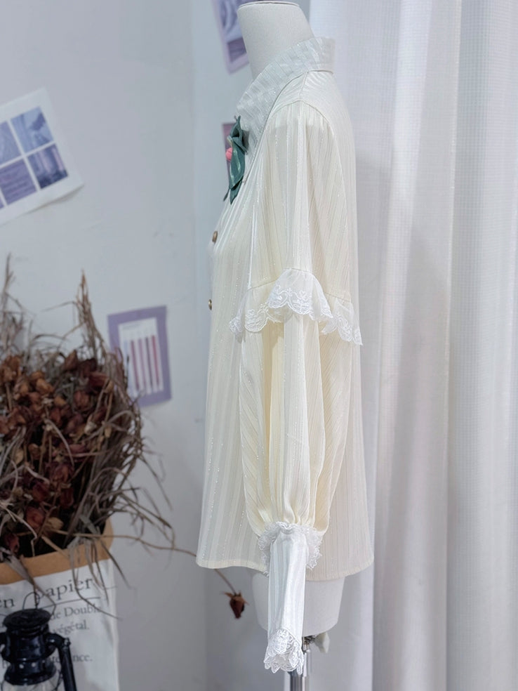 Hemd Foldover Spitz Ouji Kragen Lolita Ärmel Lange Creme