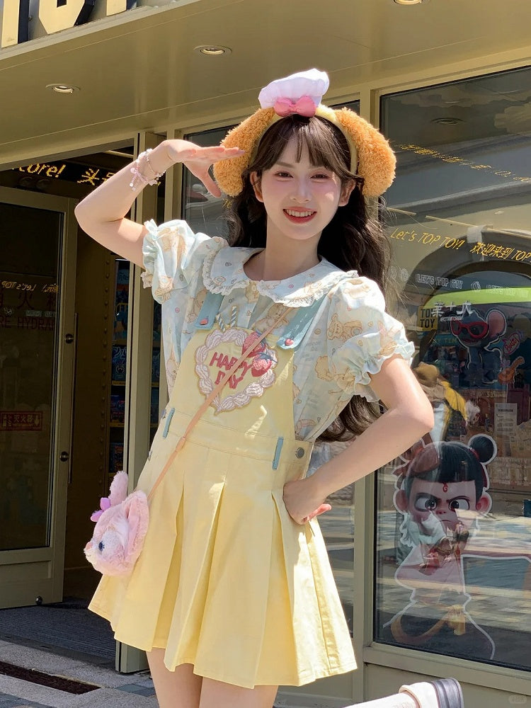 Strawberry Embroidery Yellow Box Pleat Overall Dress Sweet