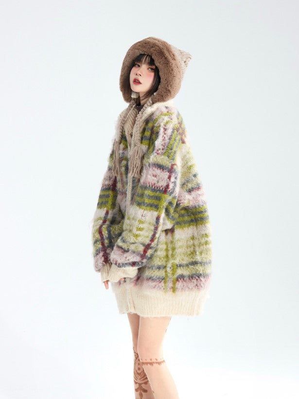 Closure Cardigan Zip Striped Green Vintage Neck with High Mohair