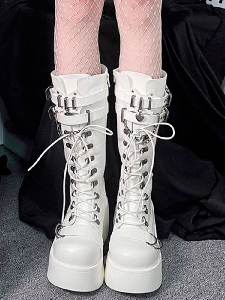 Stiefel Gothic Schnalle Plattform PU Akzente - Weiß Kniehoch