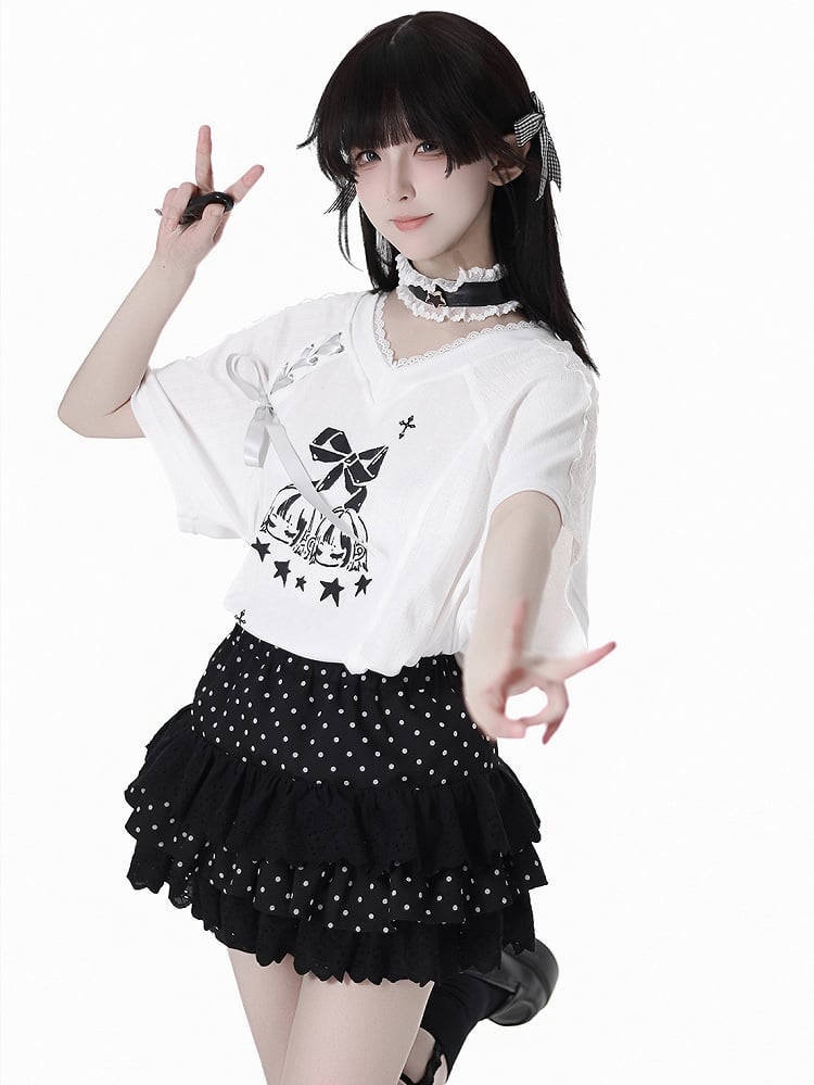Gestufter Polka-Dot-Rock Pumphose Futter Schwarz Elastische Taille Spitzenbesatz