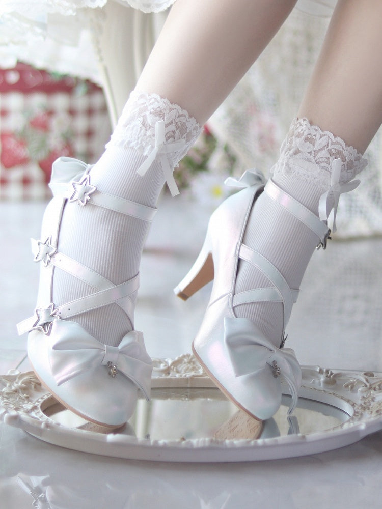 Star High White Sweet Lolita Buckles Crisscross Straps with - Accents Heels Bow