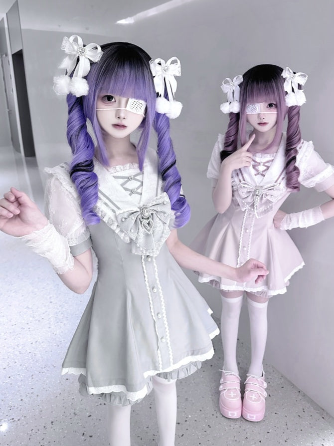 Set Pink/Light Blue Bow Shorts Back Sailor Collar Self-tie Mini Dress + Ruffled Light Hem Jirai Kei