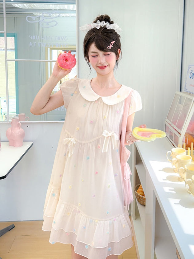 Pattern Colorful Polka-dot White Peter Pan Collar Puff Sleeves Chiffon Dress
