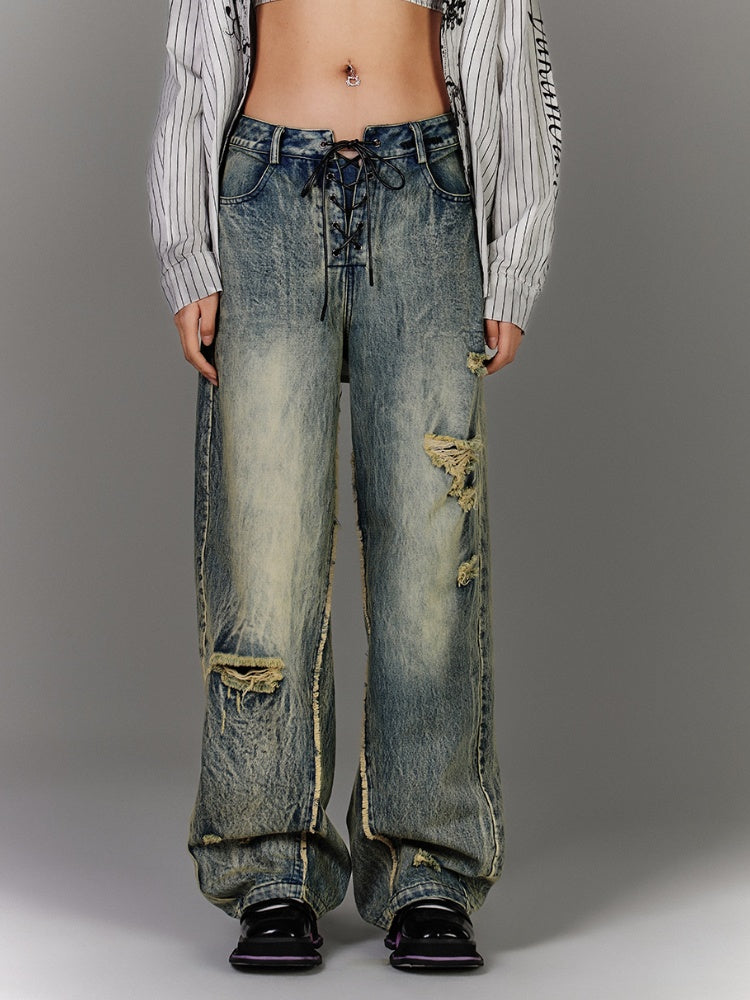 Closure Blue Low Vintage Jeans with Lace-up Waist Faded Wash Distressed Holes