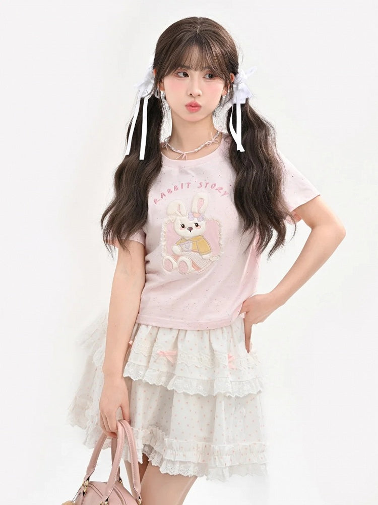 Pink Yume Adorable T-Shirt Bunny Applique Round Neck Kawaii