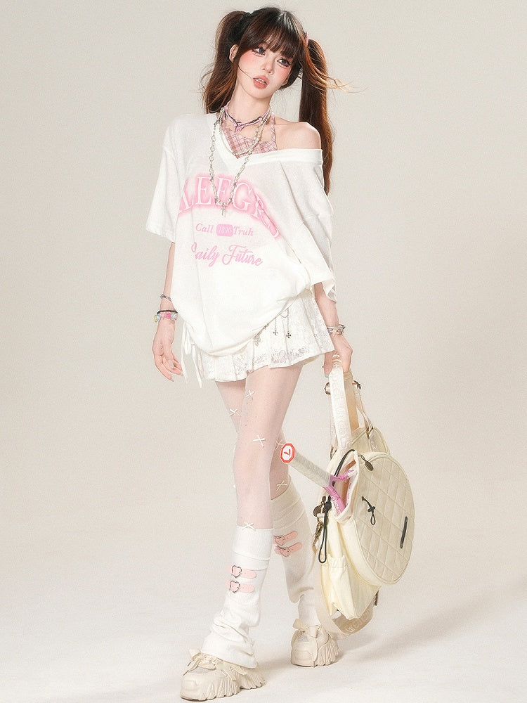 Two-pieces Halter Neck White/Black Faux Kawaii Daily T-shirt