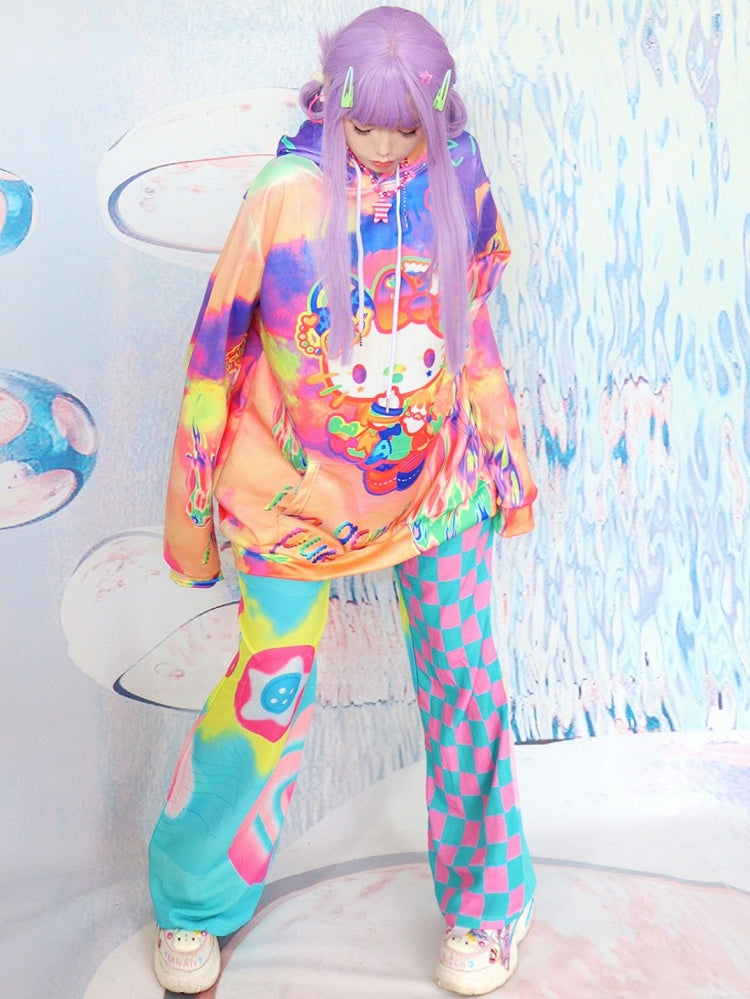 Letter And Y2K Kitty Print Hoodie Orange Fire