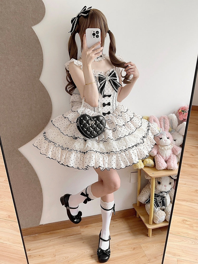 Süßes Lolita-Kleid mit Punkten, vielseitigem OP/JSK-Design und gestuftem Saum, Weiß