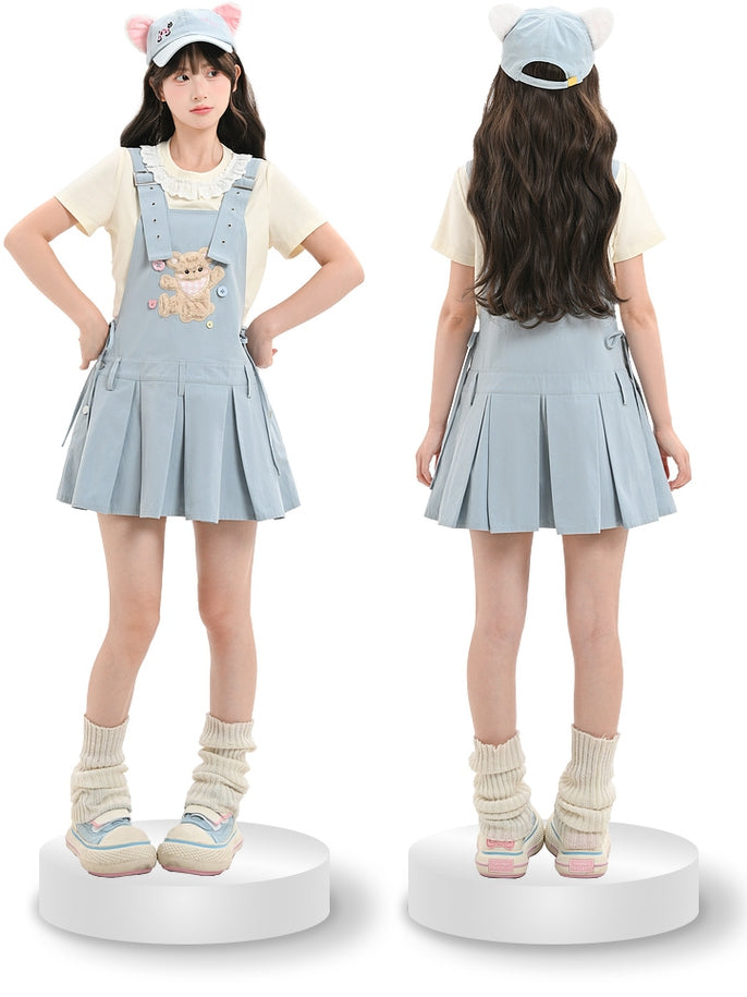 Adjustable Plush Bear Applique Blue Box Pleat Overall Dress Straps Shoulder
