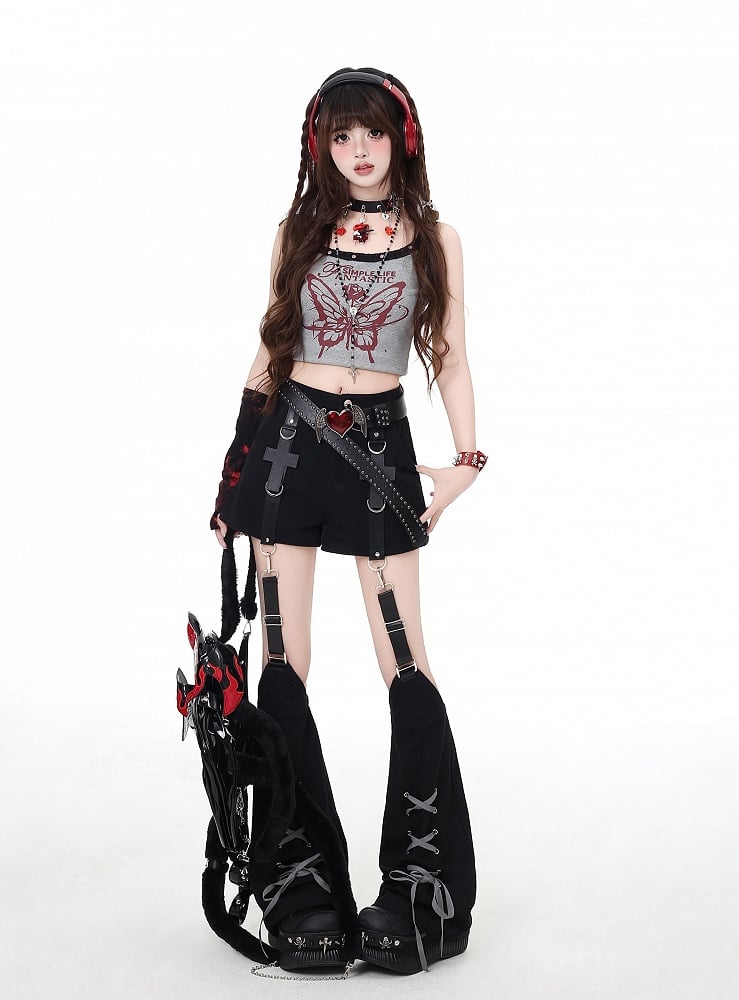 Black Shorts Detail Embellished Lace-up Cross with Leg Warmers Detachable