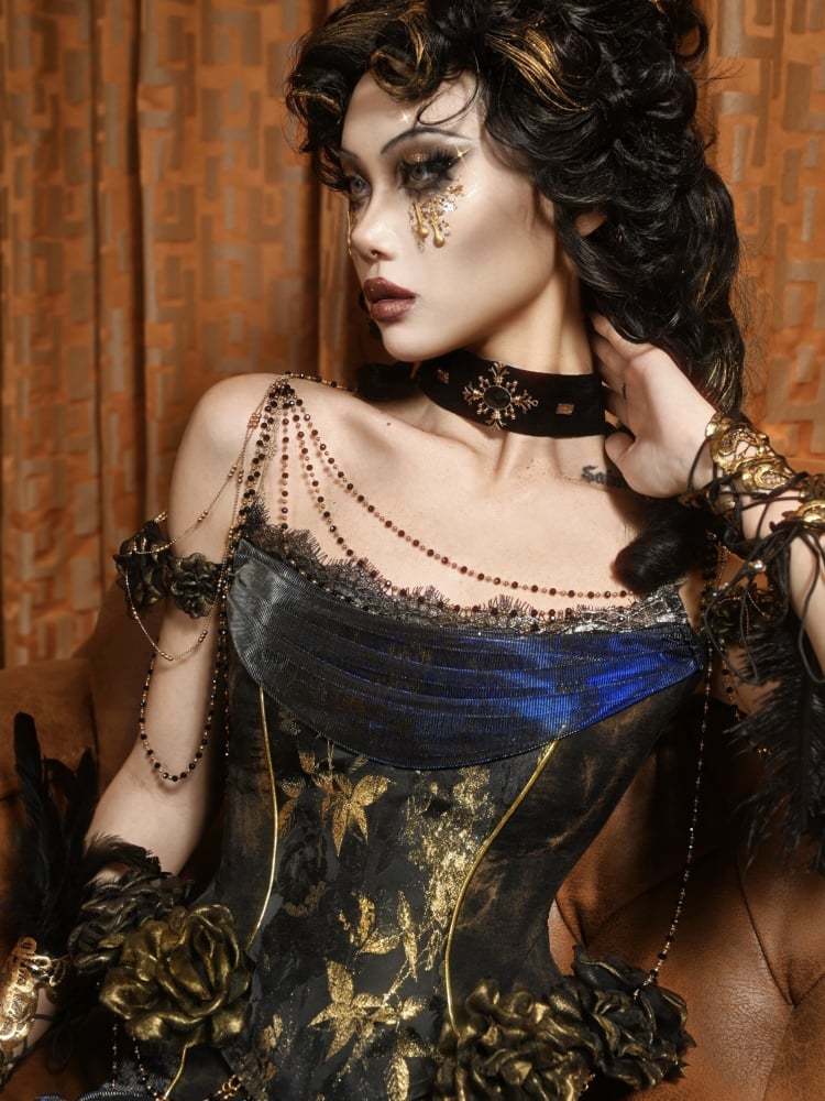 Gold Roses Schwarz und Gold Goth Korsett Top mit Stäbchen