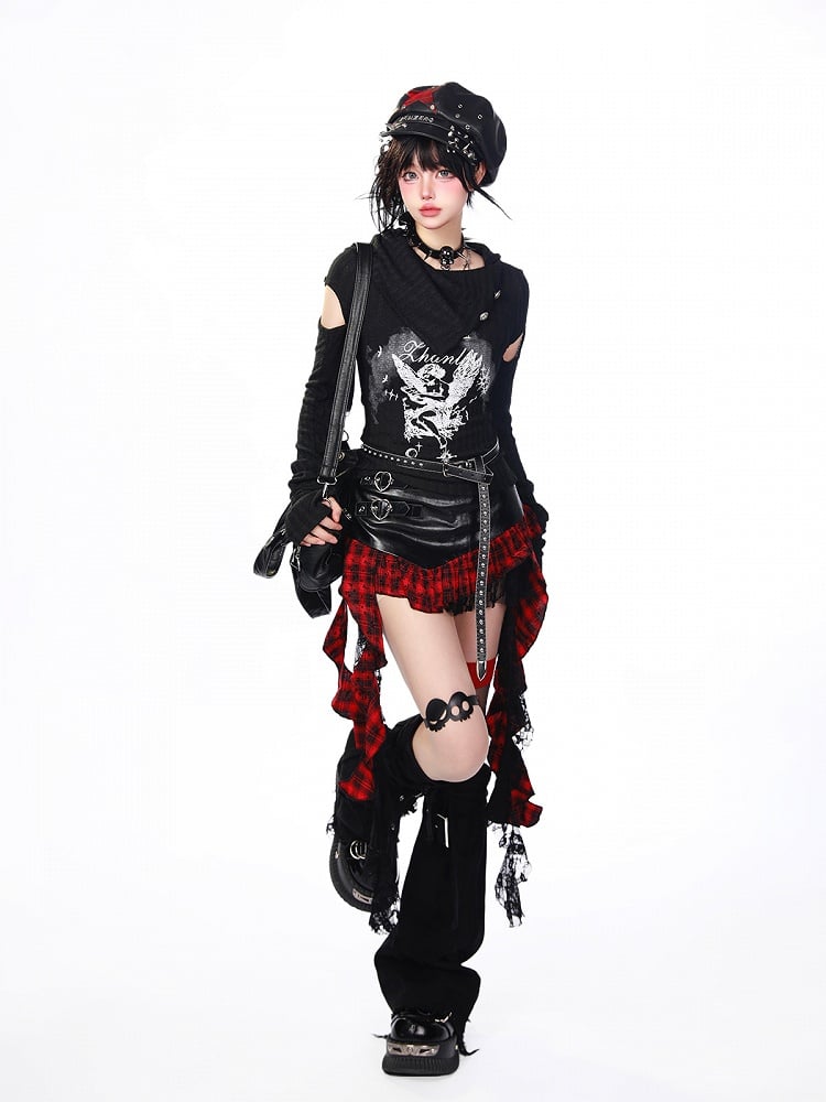 Dark Aesthetic Black Knit T-shirt with Angel Print