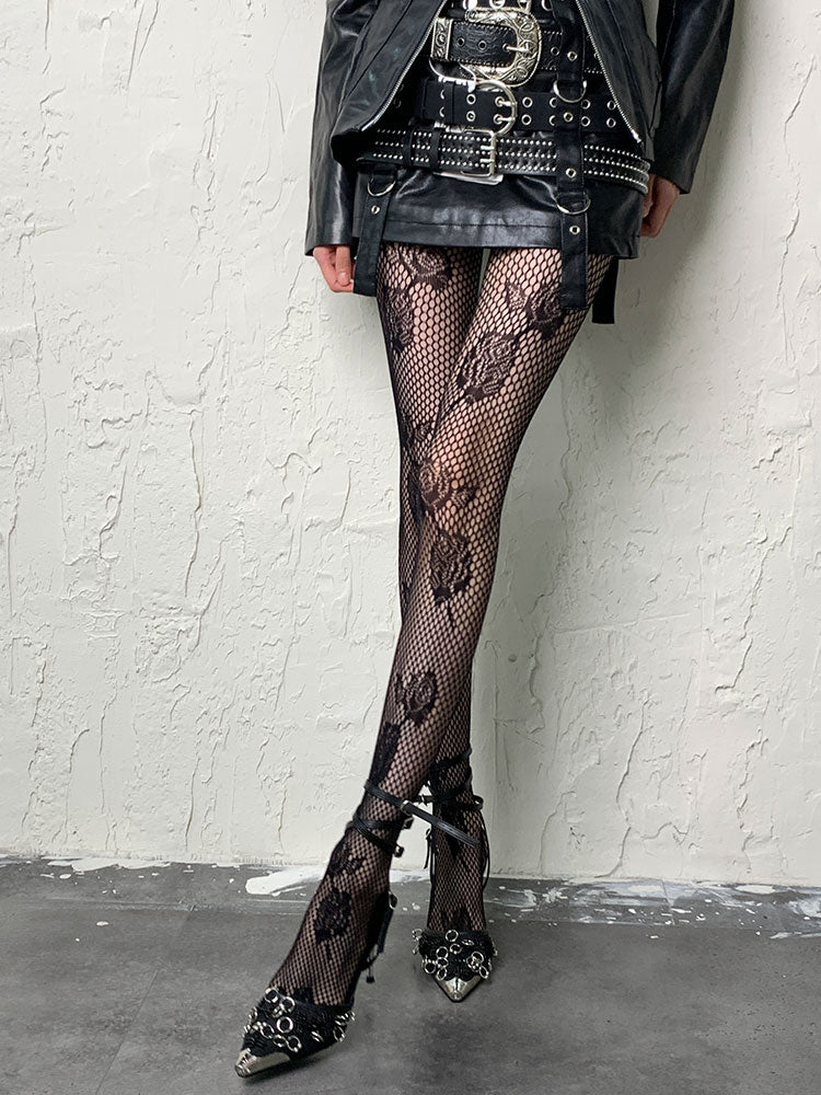Punk Schwarz Rot Y2K Rosenmuster Hohlstrumpfhose