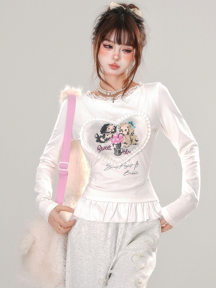 グレー/ホワイト パピーズプリント フリルヘム スリムフィット Tシャツ