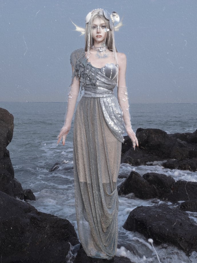 Shimmer Siren Asymmetrical Neckline Goth Cascading Ruffles Dress Fairy