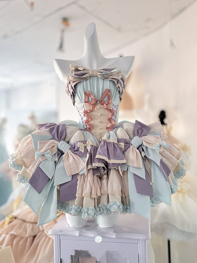 Purple Bowknots Skirt Big Lace-up Basque Waist Tiered Ruffle Sweet Lolita Dress and with Blue on