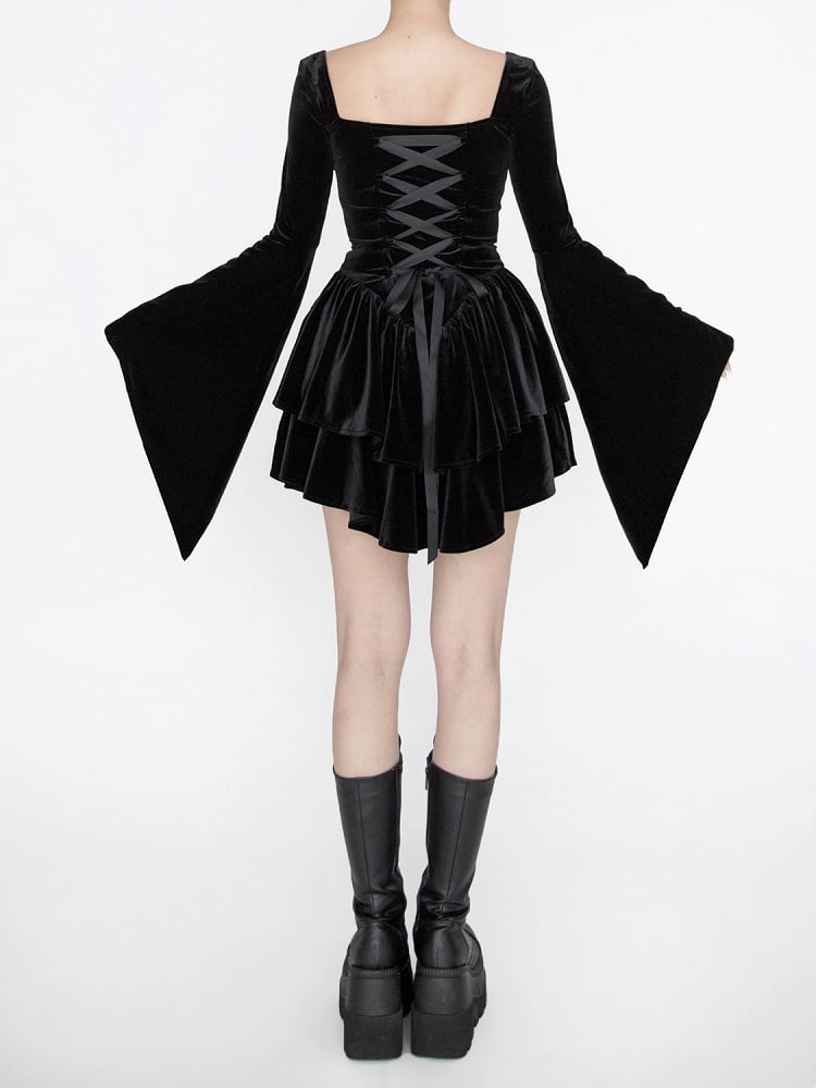 Gothic Black Velvet Bell Sleeves Tiered Skirt Witch Dress