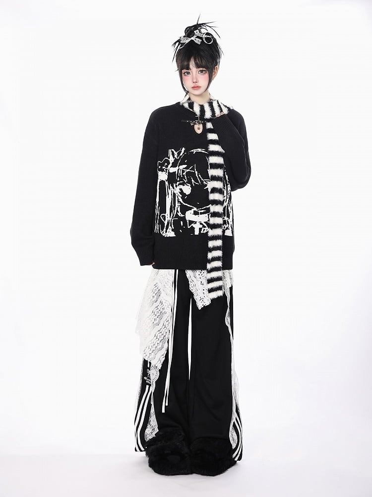 White/Black/Blue Wide-Leg Pants with Lace Trim and Bow Embroidery