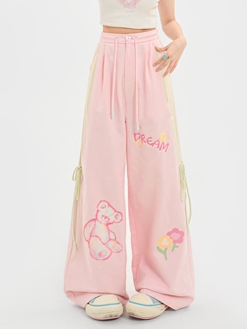 Adorable Bear Print Pink Version Wide-leg Casual Pants Long/Short