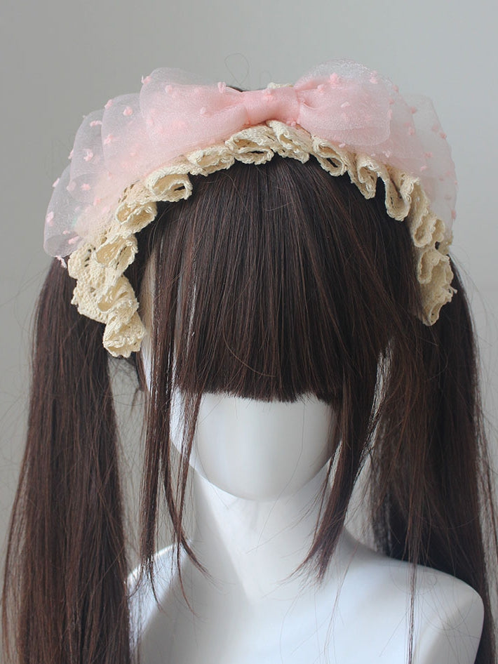 Pink Big Bow Polka-Dot Pattern Lace Trim Beige KC
