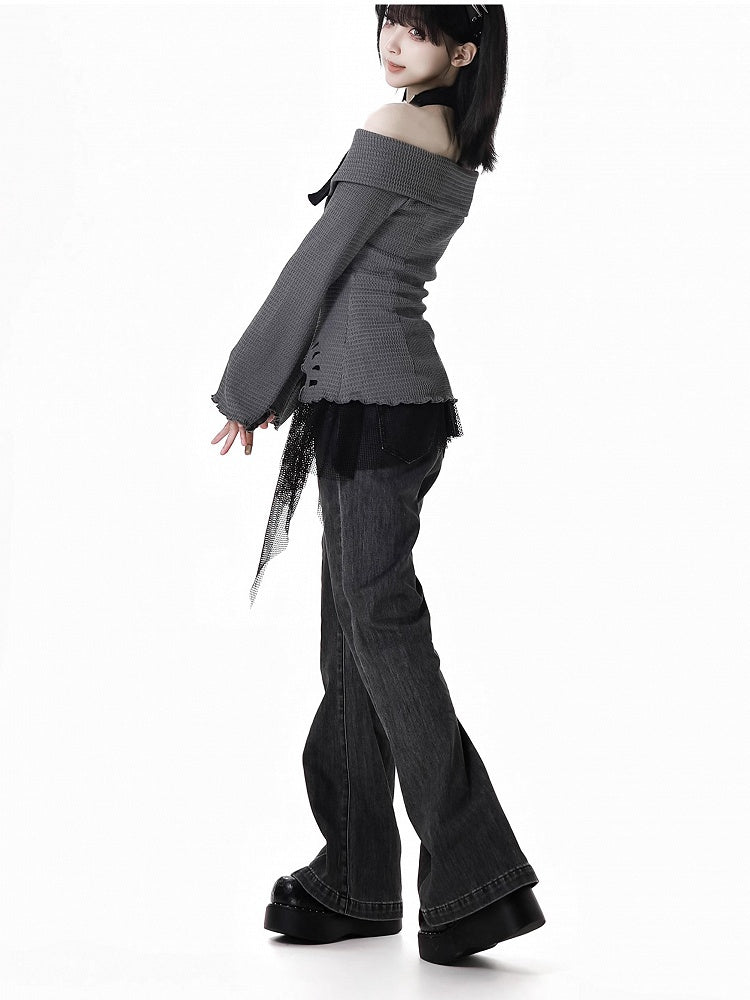 Detail Faded Wash Distressed Gray Flared Jeans Heart Buckle