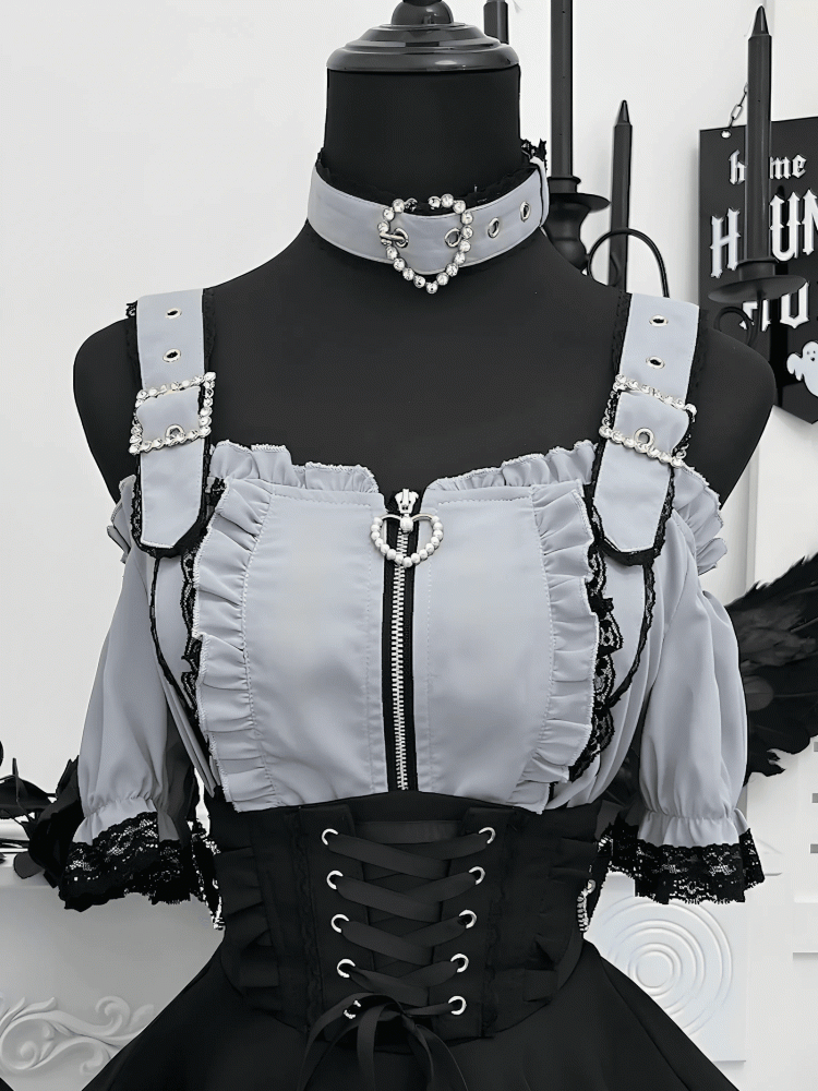 Choker Gray Free Sleeves with Jirai Kei Off-the-Shoulder Neckline Landmine Short Top Style