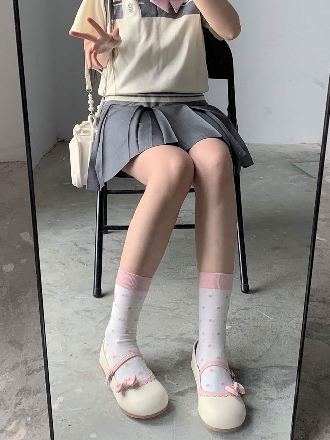 Schuhe Schleife Schnalle Kreis Lolita Beige Flach Rosa mit Spitze Rund Abnehmbar Süß
