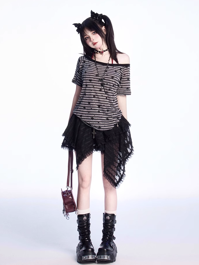 Black Handkerchief Hem Tiered Lace Skirt