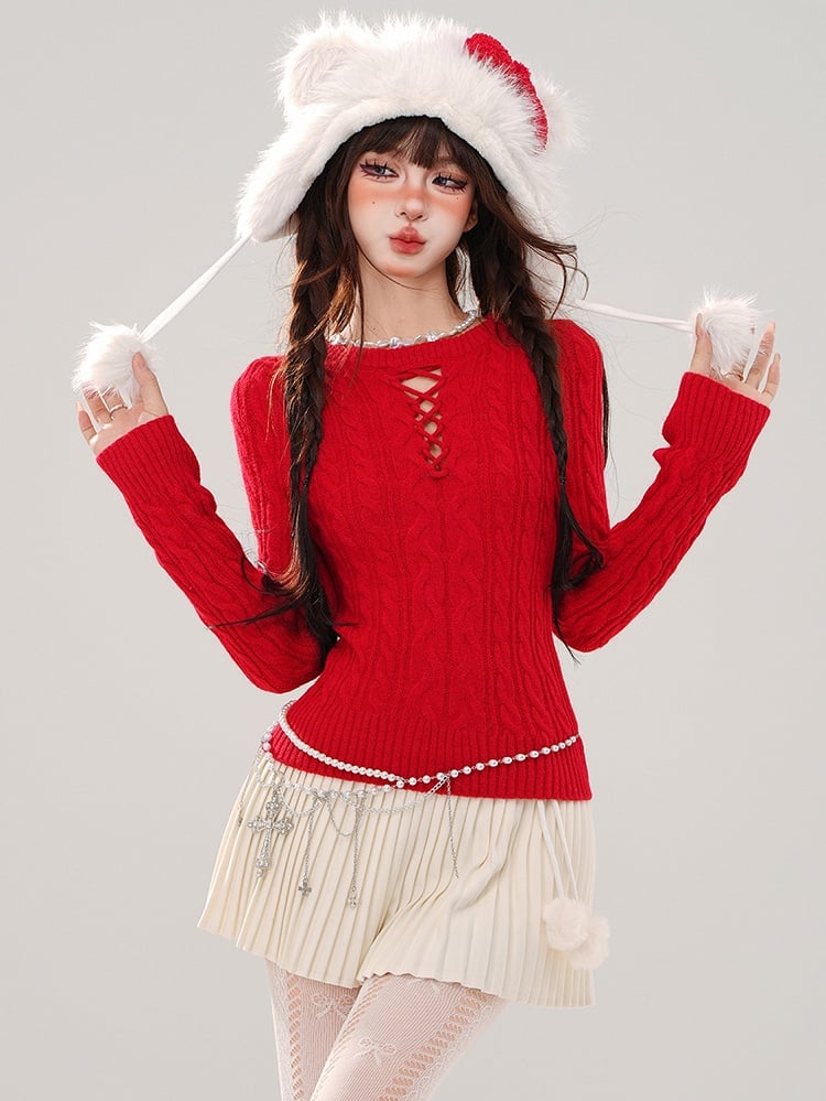 Grey Cutout Detail Round Neck Slim-fit Sweater