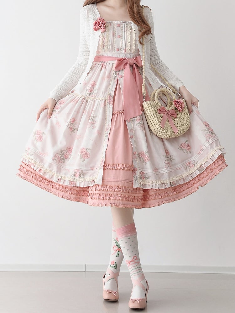 Robe d'été à imprimé rosace rose, motif floral naturel Kei, avec patte de boutonnage sur le devant et jupe pull Lolita