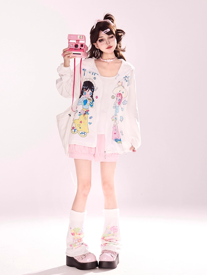 Zip-up Hooded Jacket Cartoon Girl Print White Y2K