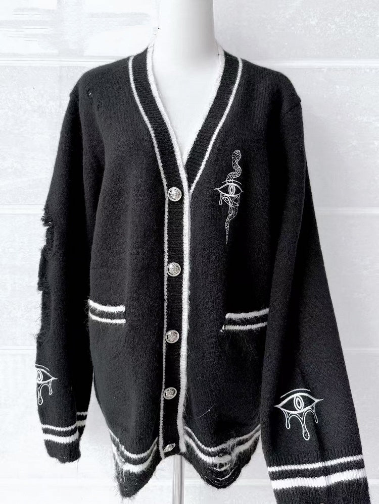 Eye and Snake Embroidery Knit Cardigan Guro Distressed Holes Kawaii Black with