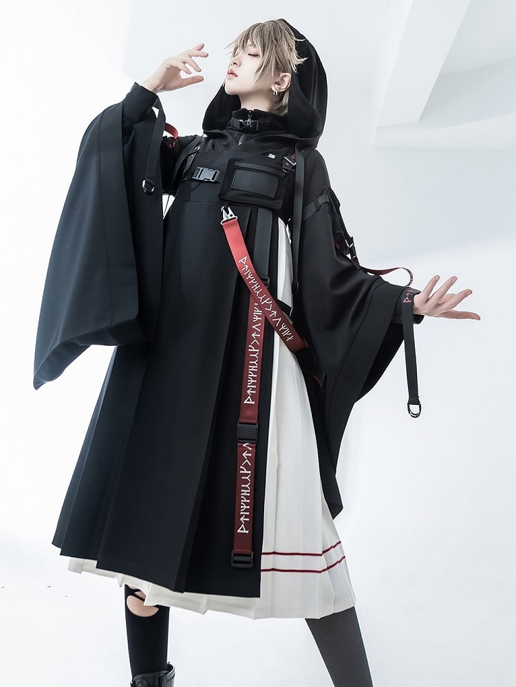 Futuristic and Dress Buckle Details White Black Techwear JSK Pleated