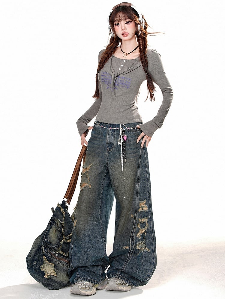 Holes Distressed Blue Wide-leg Jeans Cut Denim