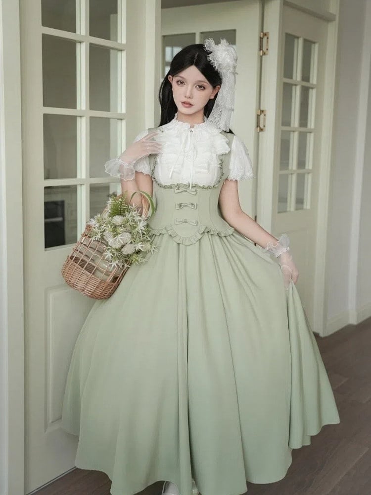 Ruffle Trimming Jumper Edge Green Bust Scalloped Elegant Skirt Dress Lolita Under Classic