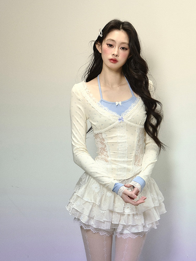 Apricot Halter Neck Lace Patches Waist Glamorous Top