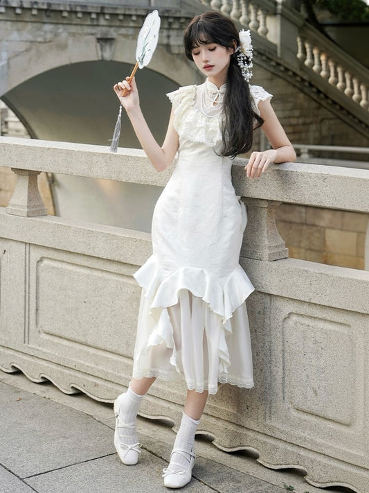 Trim Qi Jacquard Dress Mermaid Collar Lolita Ruffle Cascading Butterfly Qipao