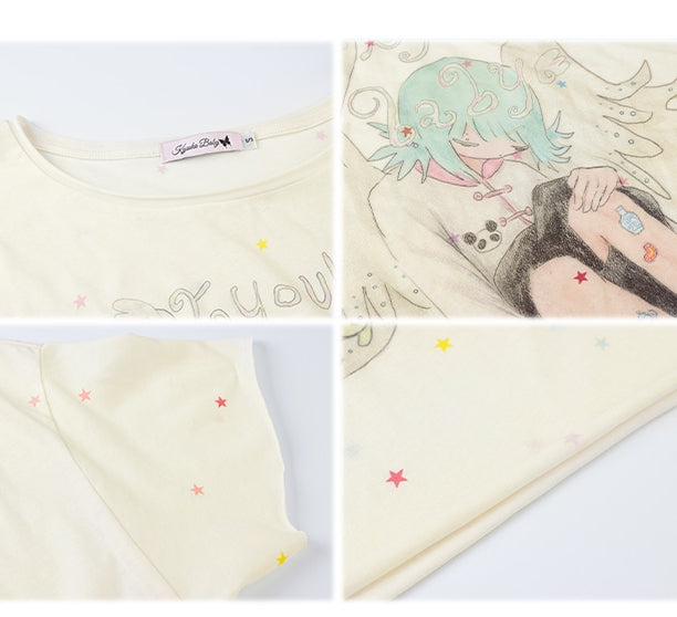 Cartoon Rundhals T-Shirt Engel Print Aprikose