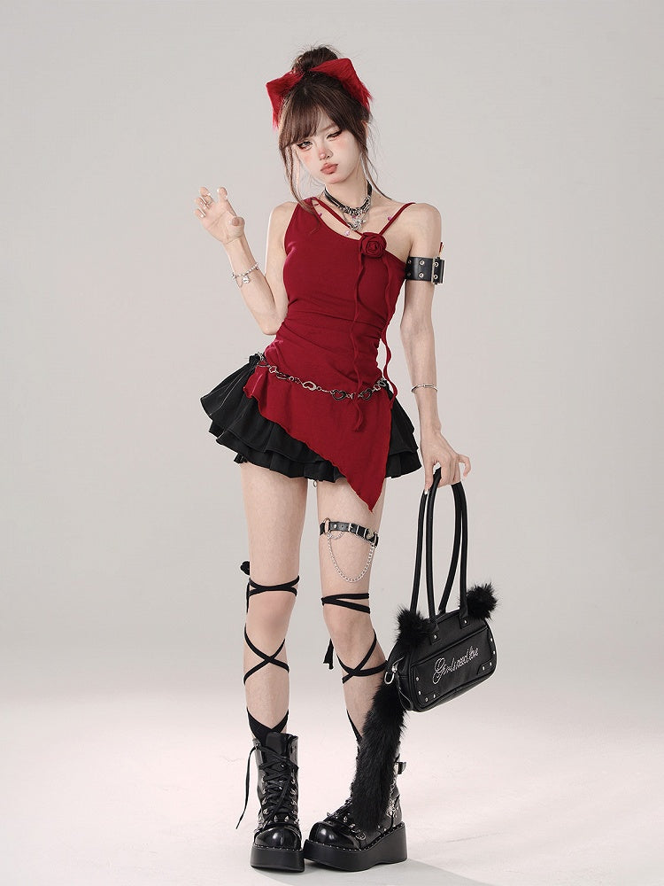 Asymmetrical Shoulder Sleeveless Top with Rose Accent Red