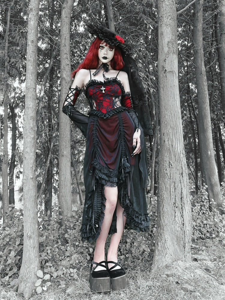 Schwarzes und weinrotes Vampir-Gothic-Kleid, Spitzenkleid mit Kordelzug und Handschellen-Set