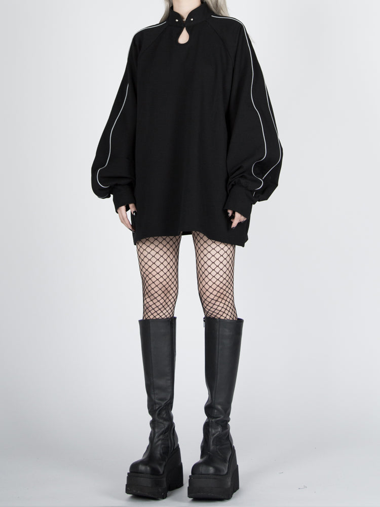 Tassel Black Reflective Sweatshirt with Qipao-Style Cyberpunk Belt