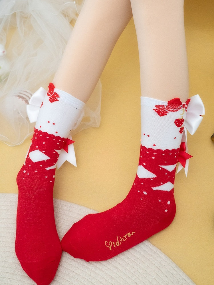 Red Bowknot Print Polka-dot Calf Socks
