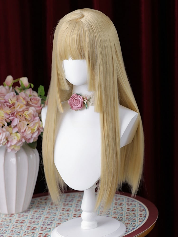 ブロンド姫カットロングストレート合成ウィッグ(ダブルクロークリップ付き)